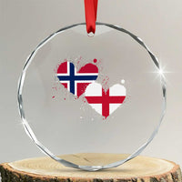Distressed Norway and England Crossed Flags Dual Heart Graphic Crystal Glass Ornament Love Half Norwegian Half English Pride