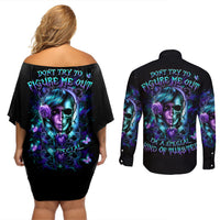 Lady Skull Couples Matching Off Shoulder Short Dress and Long Sleeve Button Shirt Don't Try To Figure Me Out I'm A Special Kind Of Twisted - Wonder Print Shop