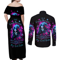 Witch Skull Couples Matching Off Shoulder Maxi Dress and Long Sleeve Button Shirt I'm A Good Person But Don't Give Me A Reason To Show Evil Side - Wonder Print Shop