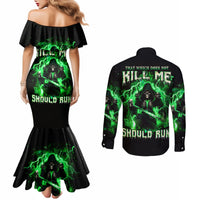 Reaper Skull Couples Matching Mermaid Dress and Long Sleeve Button Shirt That Which Does Not Kill Me Should Run