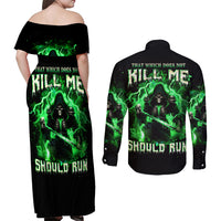 Reaper Skull Couples Matching Off Shoulder Maxi Dress and Long Sleeve Button Shirt That Which Does Not Kill Me Should Run - Wonder Print Shop