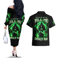 Reaper Skull Couples Matching Off The Shoulder Long Sleeve Dress and Hawaiian Shirt That Which Does Not Kill Me Should Run - Wonder Print Shop