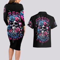 Rose Skull Couples Matching Long Sleeve Bodycon Dress and Hawaiian Shirt Fresh Out Of Fucks - Wonder Print Shop
