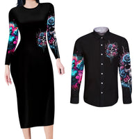 Rose Skull Couples Matching Long Sleeve Bodycon Dress and Long Sleeve Button Shirt Fresh Out Of Fucks - Wonder Print Shop