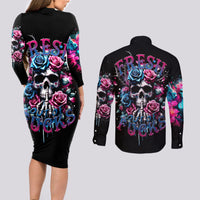 Rose Skull Couples Matching Long Sleeve Bodycon Dress and Long Sleeve Button Shirt Fresh Out Of Fucks - Wonder Print Shop