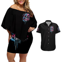 Rose Skull Couples Matching Off Shoulder Short Dress and Hawaiian Shirt Fresh Out Of Fucks - Wonder Print Shop