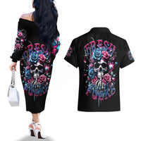 Rose Skull Couples Matching Off The Shoulder Long Sleeve Dress and Hawaiian Shirt Fresh Out Of Fucks - Wonder Print Shop