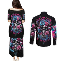 Rose Skull Couples Matching Puletasi and Long Sleeve Button Shirt Fresh Out Of Fucks - Wonder Print Shop
