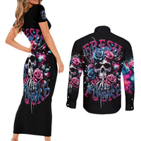 Rose Skull Couples Matching Short Sleeve Bodycon Dress and Long Sleeve Button Shirt Fresh Out Of Fucks - Wonder Print Shop