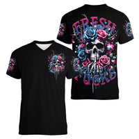 Rose Skull Women V Neck T Shirt Fresh Out Of Fucks - Wonder Print Shop