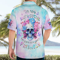 Blue Hawaiian shirt with back floral skull graphic, roses and butterfly text, short sleeves