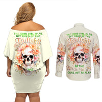 Rose Skull Couples Matching Off Shoulder Short Dress and Long Sleeve Button Shirt The Good Girl In Me Got Tired Of The Bullshit - Wonder Print Shop