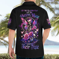 Black short-sleeve Hawaiian shirt with back print: fairy skull wings, roses, and text