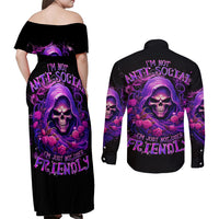 Reaper Skull Couples Matching Off Shoulder Maxi Dress and Long Sleeve Button Shirt I'm Not Anti-Social I'm Just Not User Friendly - Wonder Print Shop