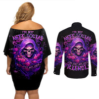Reaper Skull Couples Matching Off Shoulder Short Dress and Long Sleeve Button Shirt I'm Not Anti-Social I'm Just Not User Friendly - Wonder Print Shop