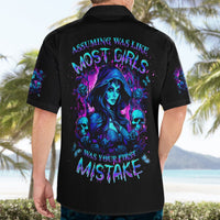 Black Hawaiian button-up shirt worn by adult with neon witch skull girl back graphic