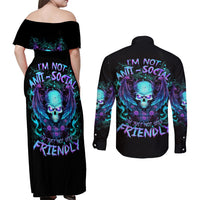 Angel Skull Couples Matching Off Shoulder Maxi Dress and Long Sleeve Button Shirt I'm Not Anti-Social I'm Just Not User Friendly - Wonder Print Shop