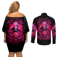 Witch Skull Couples Matching Off Shoulder Short Dress and Long Sleeve Button Shirt I'm Not Anti-Social I'm Just Not User Friendly - Wonder Print Shop