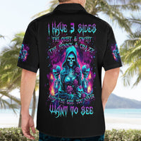 Black Hawaiian shirt with purple witch skull neon graphic, back view.