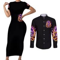 Sunflower Skull Couples Matching Short Sleeve Bodycon Dress and Long Sleeve Button Shirt She Is Sunshine Mixed With A Little Hurricane - Wonder Print Shop
