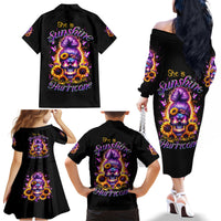 Sunflower Skull Family Matching Off Shoulder Long Sleeve Dress and Hawaiian Shirt She Is Sunshine Mixed With A Little Hurricane - Wonder Print Shop