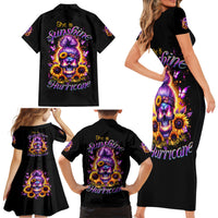 Sunflower Skull Family Matching Short Sleeve Bodycon Dress and Hawaiian Shirt She Is Sunshine Mixed With A Little Hurricane - Wonder Print Shop