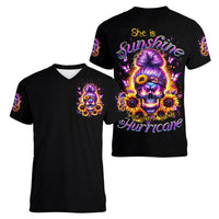 Sunflower Skull Women V Neck T Shirt She Is Sunshine Mixed With A Little Hurricane - Wonder Print Shop