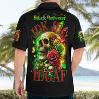 Black Hawaiian shirt with back skull-and-rose design, short sleeves, button-front.