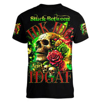 Rose Skull Women V Neck T Shirt Stuck Between IDK IDC - Wonder Print Shop