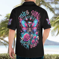 Black short-sleeve button-up Hawaiian shirt with large back skull fairy graphic