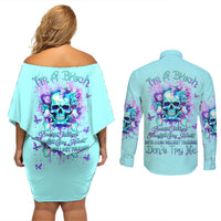 Flower Skull Couples Matching Off Shoulder Short Dress and Long Sleeve Button Shirt I'm A Bitch With A Low Bullshiit Tolrange Don't Try Me - Wonder Print Shop