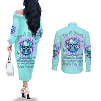 Flower Skull Couples Matching Off The Shoulder Long Sleeve Dress and Long Sleeve Button Shirt I'm A Bitch With A Low Bullshiit Tolrange Don't Try Me