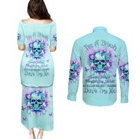 Flower Skull Couples Matching Puletasi and Long Sleeve Button Shirt I'm A Bitch With A Low Bullshiit Tolrange Don't Try Me - Wonder Print Shop