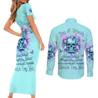 Flower Skull Couples Matching Short Sleeve Bodycon Dress and Long Sleeve Button Shirt I'm A Bitch With A Low Bullshiit Tolrange Don't Try Me - Wonder Print Shop