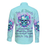 Flower Skull Long Sleeve Button Shirt I'm A Bitch With A Low Bullshiit Tolrange Don't Try Me - Wonder Print Shop