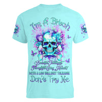 Flower Skull Women V Neck T Shirt I'm A Bitch With A Low Bullshiit Tolrange Don't Try Me - Wonder Print Shop
