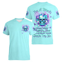 Flower Skull Women V Neck T Shirt I'm A Bitch With A Low Bullshiit Tolrange Don't Try Me - Wonder Print Shop