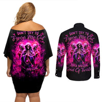 Witch Skull Couples Matching Off Shoulder Short Dress and Long Sleeve Button Shirt Don't Try To Figure Me Out I'm A Special Kind Of Twisted - Wonder Print Shop