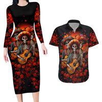 Day of Dead Skull Couples Matching Long Sleeve Bodycon Dress and Hawaiian Shirt Sugar Skull Band Skeleton - Wonder Print Shop