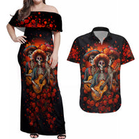 Day of Dead Skull Couples Matching Off Shoulder Maxi Dress and Hawaiian Shirt Sugar Skull Band Skeleton - Wonder Print Shop