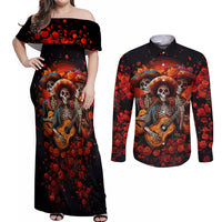 Day of Dead Skull Couples Matching Off Shoulder Maxi Dress and Long Sleeve Button Shirt Sugar Skull Band Skeleton - Wonder Print Shop