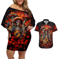 Day of Dead Skull Couples Matching Off Shoulder Short Dress and Hawaiian Shirt Sugar Skull Band Skeleton - Wonder Print Shop