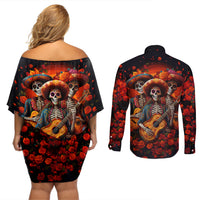 Day of Dead Skull Couples Matching Off Shoulder Short Dress and Long Sleeve Button Shirt Sugar Skull Band Skeleton - Wonder Print Shop