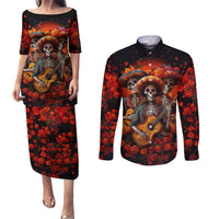 Day of Dead Skull Couples Matching Puletasi Dress and Long Sleeve Button Shirt Sugar Skull Band Skeleton - Wonder Print Shop