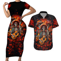 Day of Dead Skull Couples Matching Short Sleeve Bodycon Dress and Hawaiian Shirt Sugar Skull Band Skeleton - Wonder Print Shop