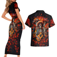 Day of Dead Skull Couples Matching Short Sleeve Bodycon Dress and Hawaiian Shirt Sugar Skull Band Skeleton - Wonder Print Shop