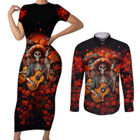 Day of Dead Skull Couples Matching Short Sleeve Bodycon Dress and Long Sleeve Button Shirt Sugar Skull Band Skeleton - Wonder Print Shop