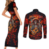 Day of Dead Skull Couples Matching Short Sleeve Bodycon Dress and Long Sleeve Button Shirt Sugar Skull Band Skeleton - Wonder Print Shop