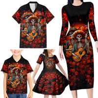 Day of Dead Skull Family Matching Long Sleeve Bodycon Dress and Hawaiian Shirt Sugar Skull Band Skeleton - Wonder Print Shop