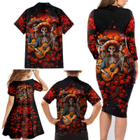 Day of Dead Skull Family Matching Long Sleeve Bodycon Dress and Hawaiian Shirt Sugar Skull Band Skeleton - Wonder Print Shop